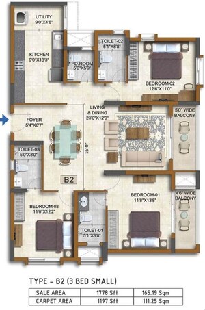 Floor Plan in 3 BHK Apartment at Prestige Waterford, Whitefield – for Sale
