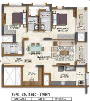 Floor Plan in 3 BHK Apartment at Prestige Waterford, Whitefield – for Sale