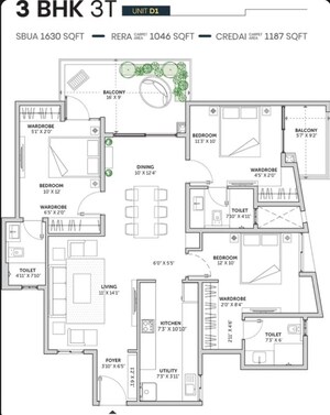 Floor Plan in 3 BHK Apartment at Assetz Sun And Sanctum, Kr Puram – for Sale