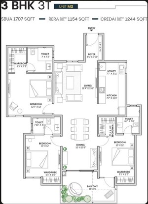 Floor Plan in 3 BHK Apartment at Assetz Sun And Sanctum, Kr Puram – for Sale