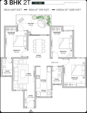 Floor Plan in 3 BHK Apartment at Assetz Sun And Sanctum, Kr Puram – for Sale